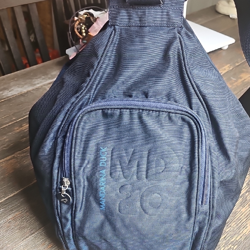 Blue Denim Backpack with Monogram and Casual Style